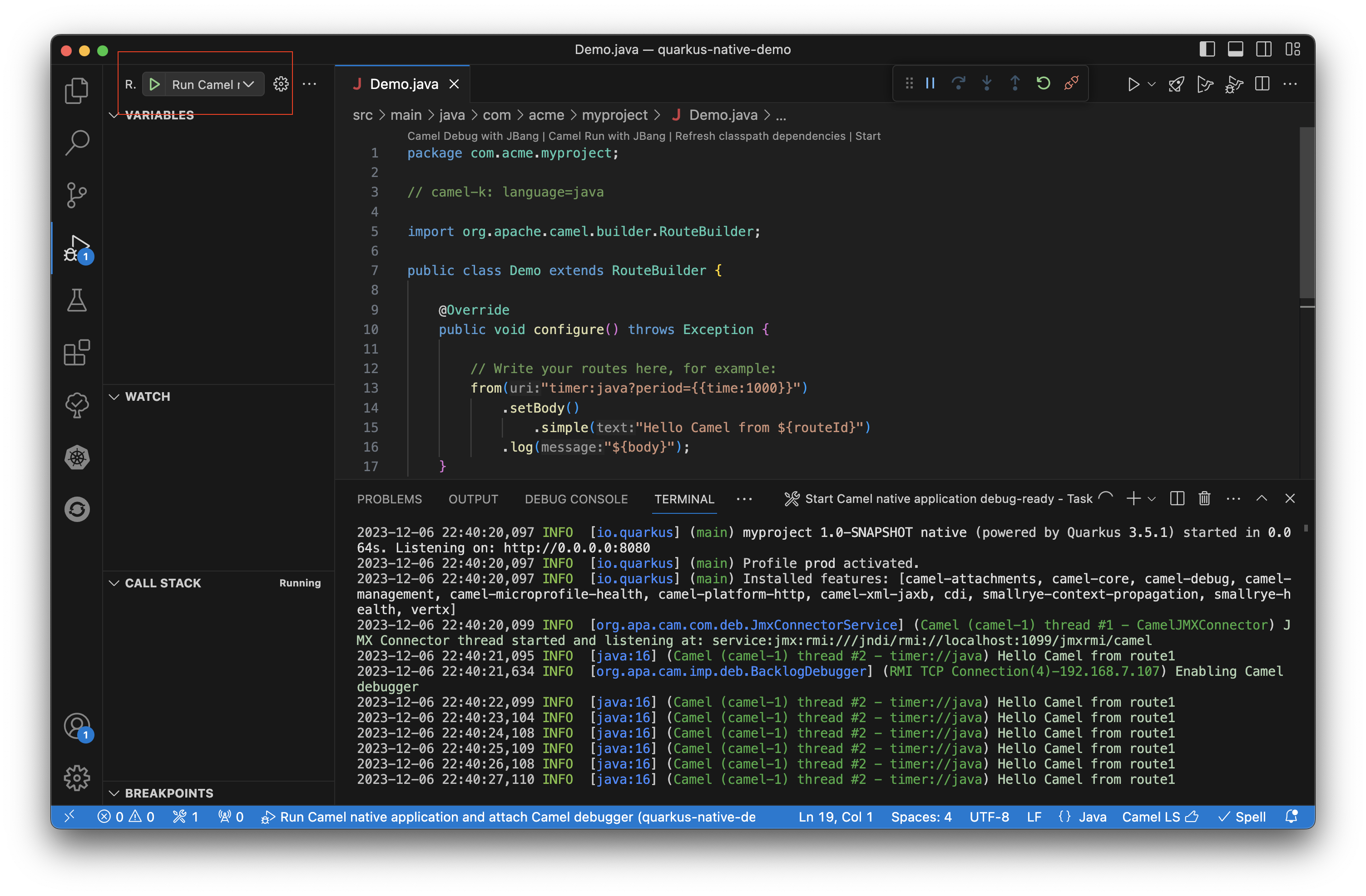 Launch a debug-ready Camel Quarkus native application